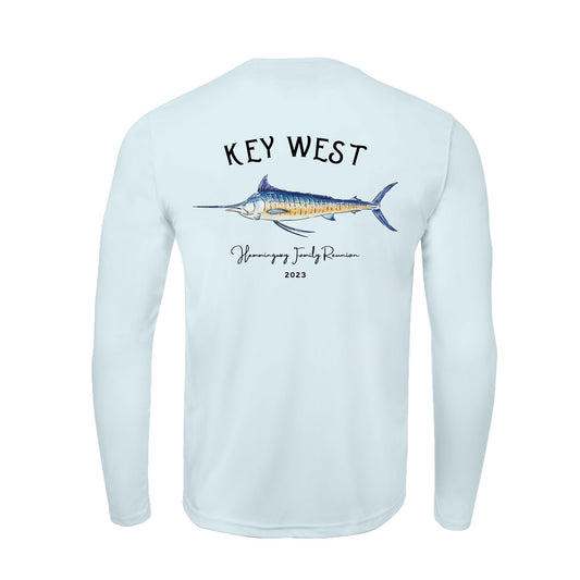 custom marlin shirt, personalized fishing shirt, UPF50+ boating shirt, coastal sun protection shirt, custom text UV shirt, nautical rash guard, matching vacation shirts, group boat shirt, custom event sun shirt, fish design beach shirt, tropical adventure apparel
