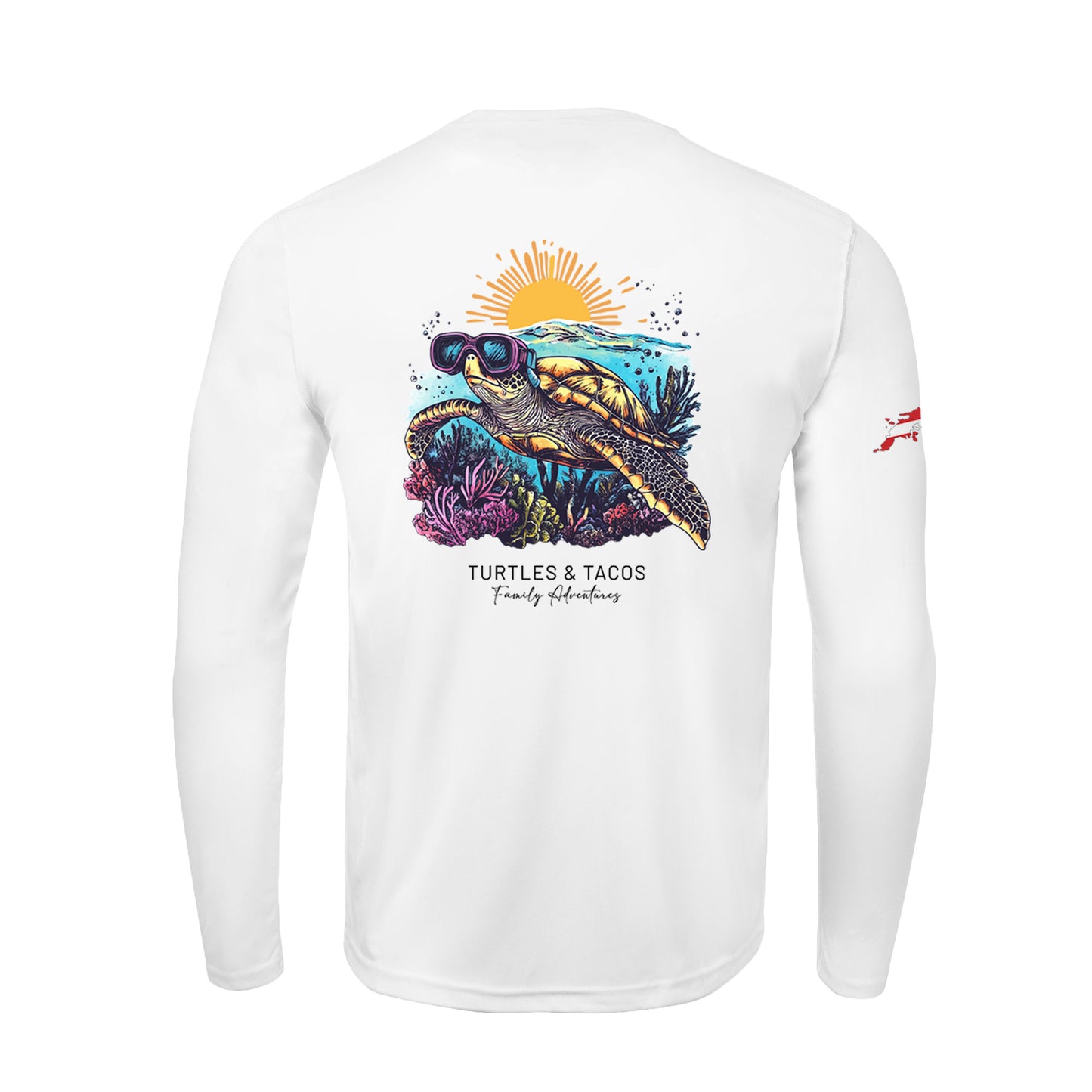 Turtles and Tacos custom UPF50+ white sun shirt featuring sea turtle artwork and an outline of St. Thomas with a dive flag on the sleeve. Made from recycled polyester with moisture-wicking performance. Customizable text on front and back. Available in toddler through adult sizes, crewneck or hooded style.