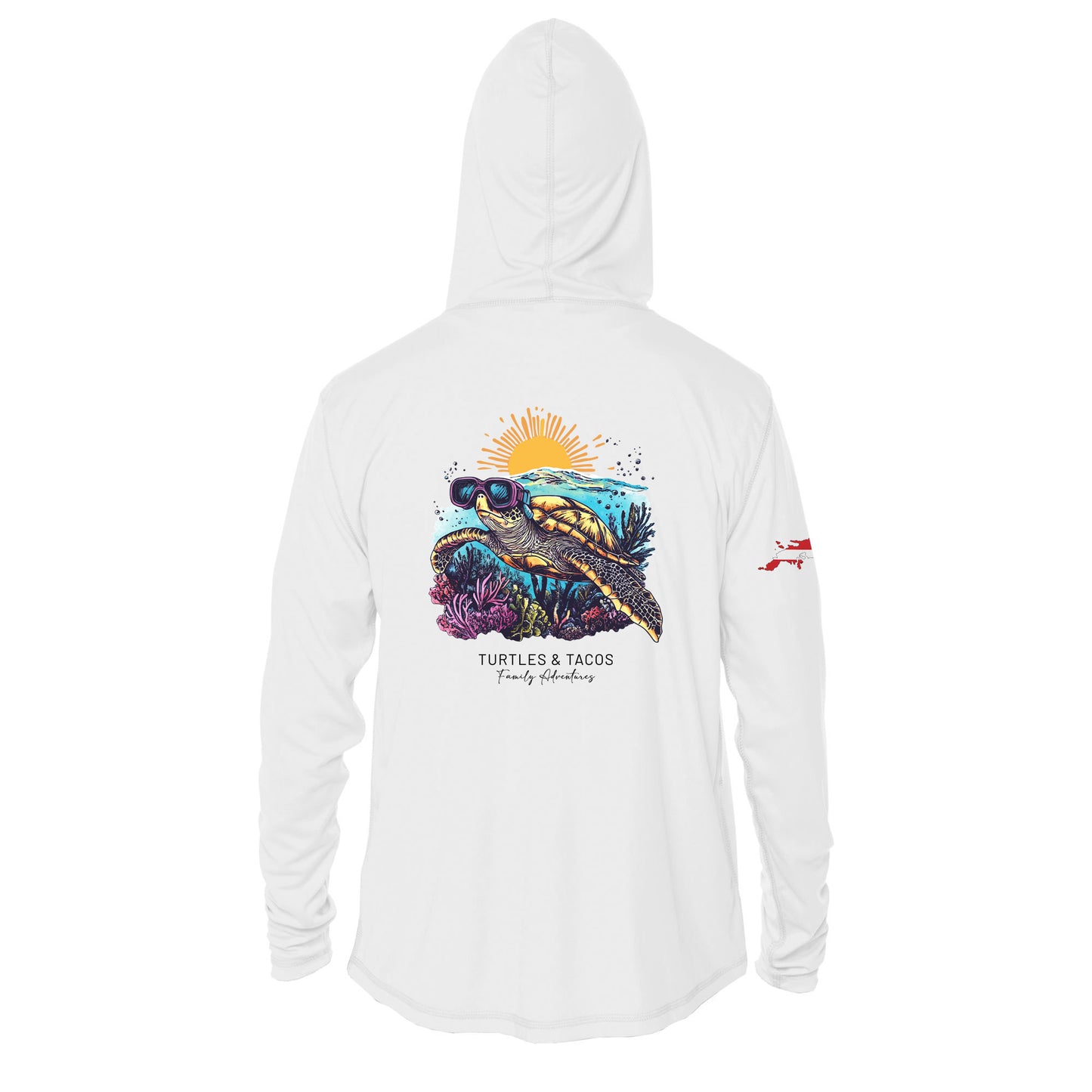 Turtles and Tacos custom UPF50+ white sun shirt featuring sea turtle artwork and an outline of St. Thomas with a dive flag on the sleeve. Made from recycled polyester with moisture-wicking performance. Customizable text on front and back. Available in toddler through adult sizes, crewneck or hooded style.