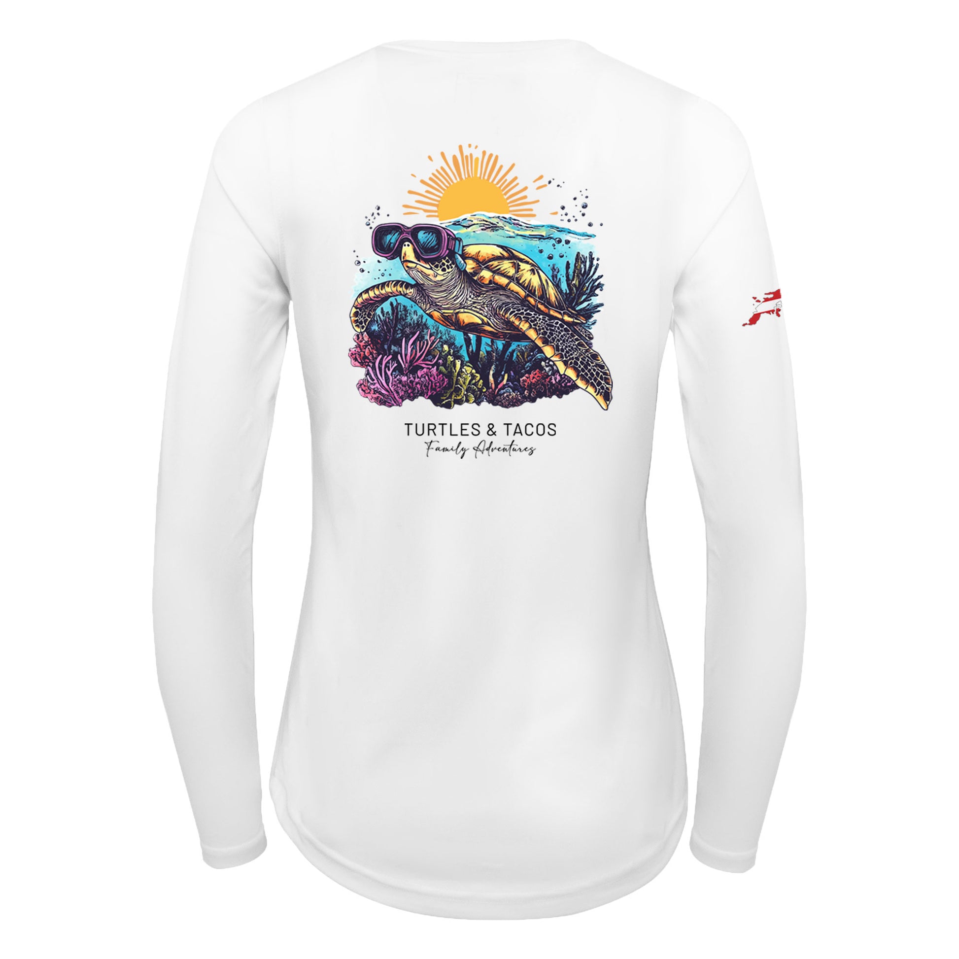 Turtles and Tacos custom UPF50+ white sun shirt featuring sea turtle artwork and an outline of St. Thomas with a dive flag on the sleeve. Made from recycled polyester with moisture-wicking performance. Customizable text on front and back. Available in toddler through adult sizes, crewneck or hooded style.