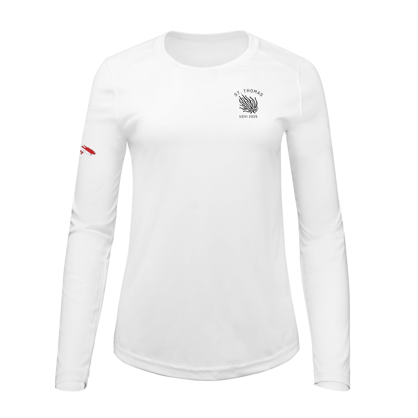 White long sleeve UPF50+ recycled polyester sun shirt featuring the “Turtles and Tacos” design with tropical turtles and an outline of St. Thomas filled with a dive flag on the sleeve. Customizable front and back text. Available in sizes 2T to adult, hooded or crewneck style.