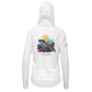 Turtles and Tacos custom UPF50+ white sun shirt featuring sea turtle artwork and an outline of St. Thomas with a dive flag on the sleeve. Made from recycled polyester with moisture-wicking performance. Customizable text on front and back. Available in toddler through adult sizes, crewneck or hooded style.