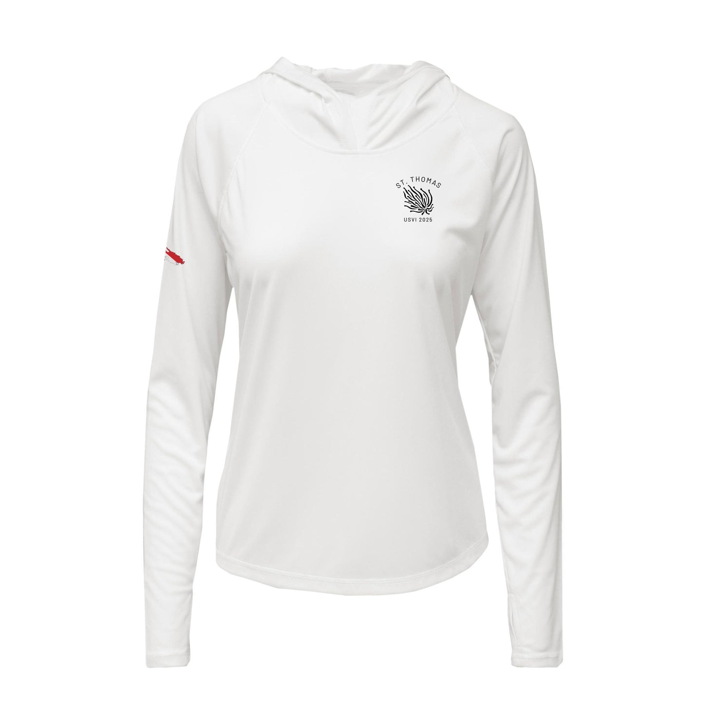 White long sleeve UPF50+ recycled polyester sun shirt featuring the “Turtles and Tacos” design with tropical turtles and an outline of St. Thomas filled with a dive flag on the sleeve. Customizable front and back text. Available in sizes 2T to adult, hooded or crewneck style.