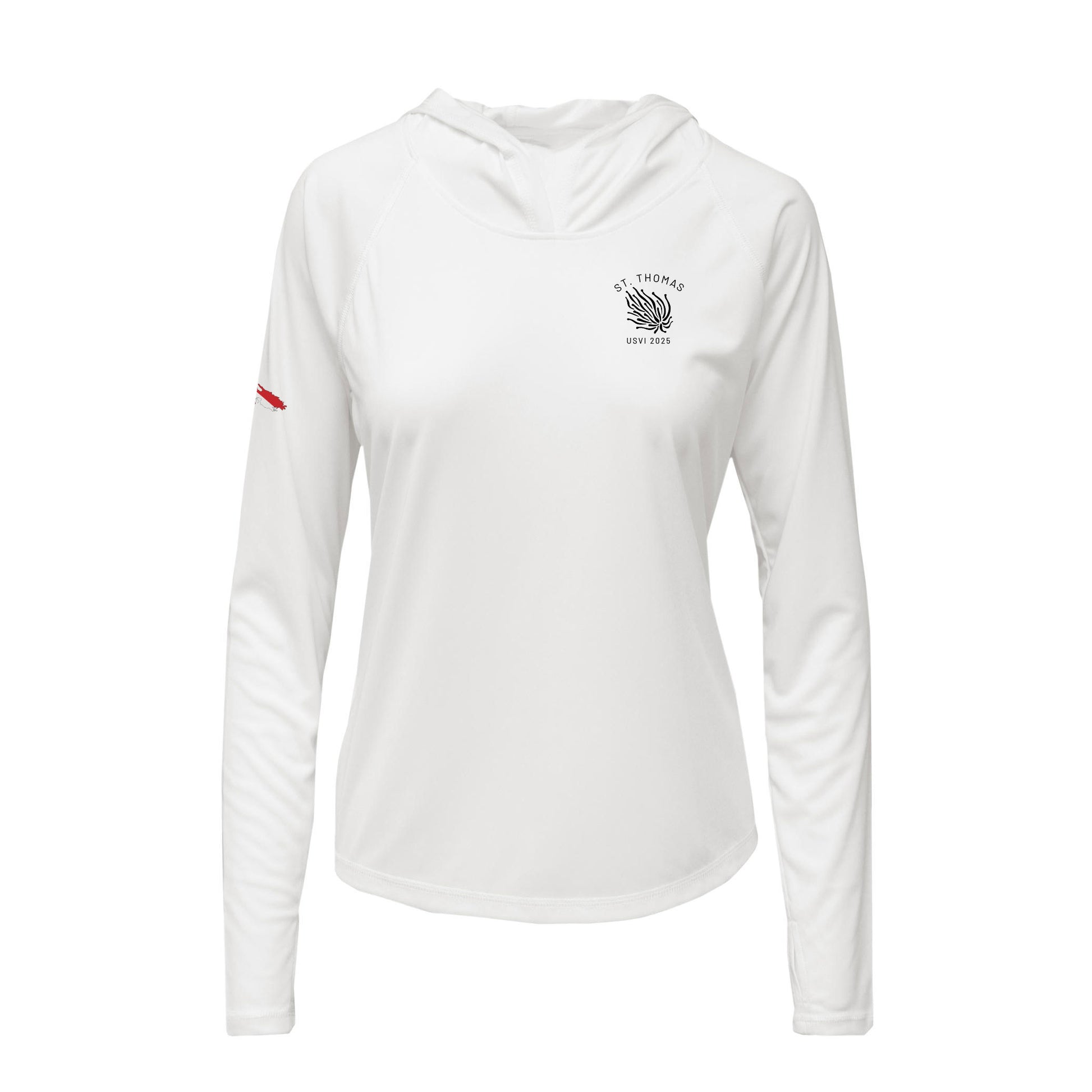 White long sleeve UPF50+ recycled polyester sun shirt featuring the “Turtles and Tacos” design with tropical turtles and an outline of St. Thomas filled with a dive flag on the sleeve. Customizable front and back text. Available in sizes 2T to adult, hooded or crewneck style.