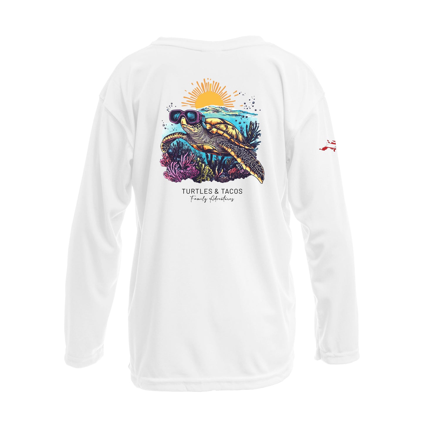 Turtles and Tacos custom UPF50+ white sun shirt featuring sea turtle artwork and an outline of St. Thomas with a dive flag on the sleeve. Made from recycled polyester with moisture-wicking performance. Customizable text on front and back. Available in toddler through adult sizes, crewneck or hooded style.