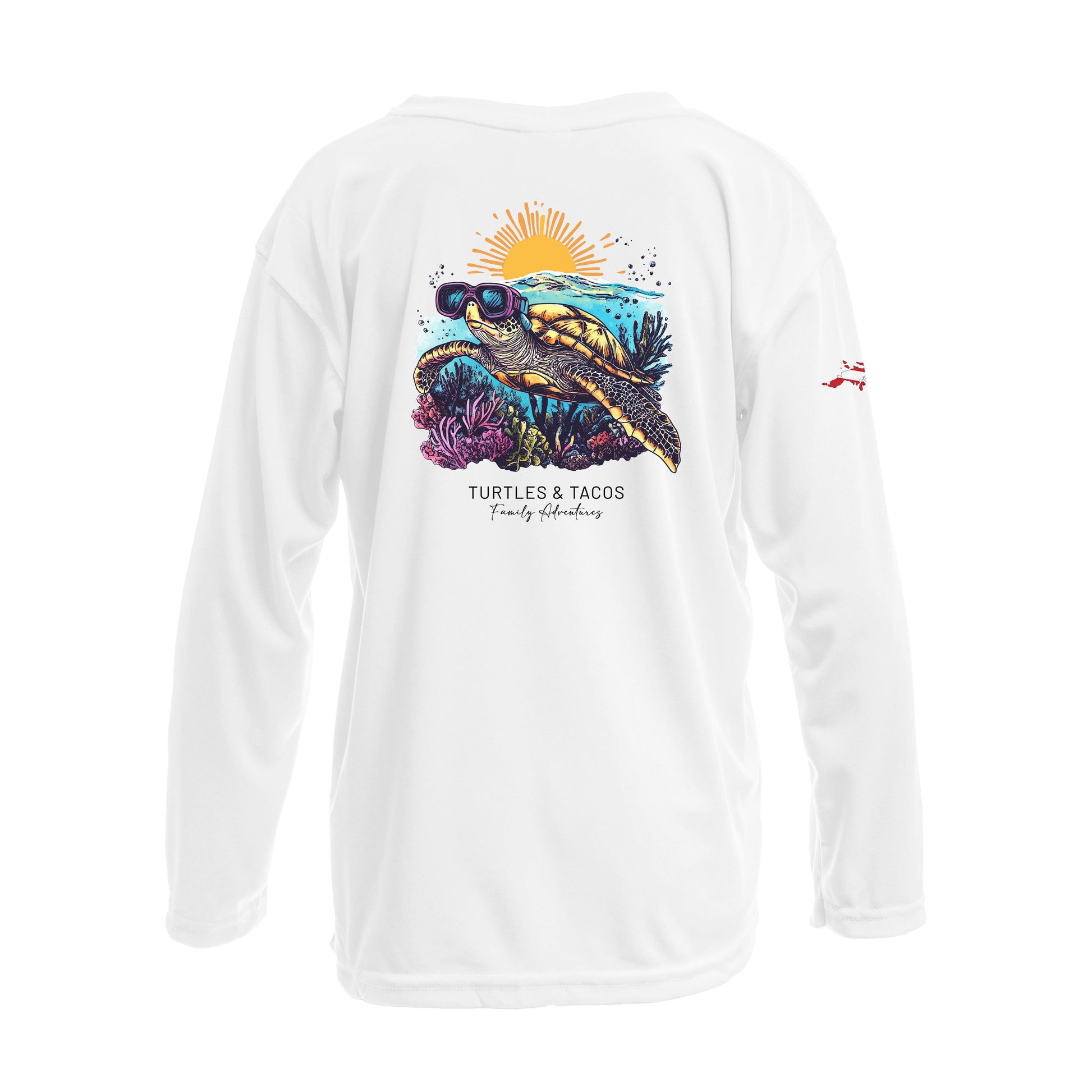 Turtles and Tacos custom UPF50+ white sun shirt featuring sea turtle artwork and an outline of St. Thomas with a dive flag on the sleeve. Made from recycled polyester with moisture-wicking performance. Customizable text on front and back. Available in toddler through adult sizes, crewneck or hooded style.