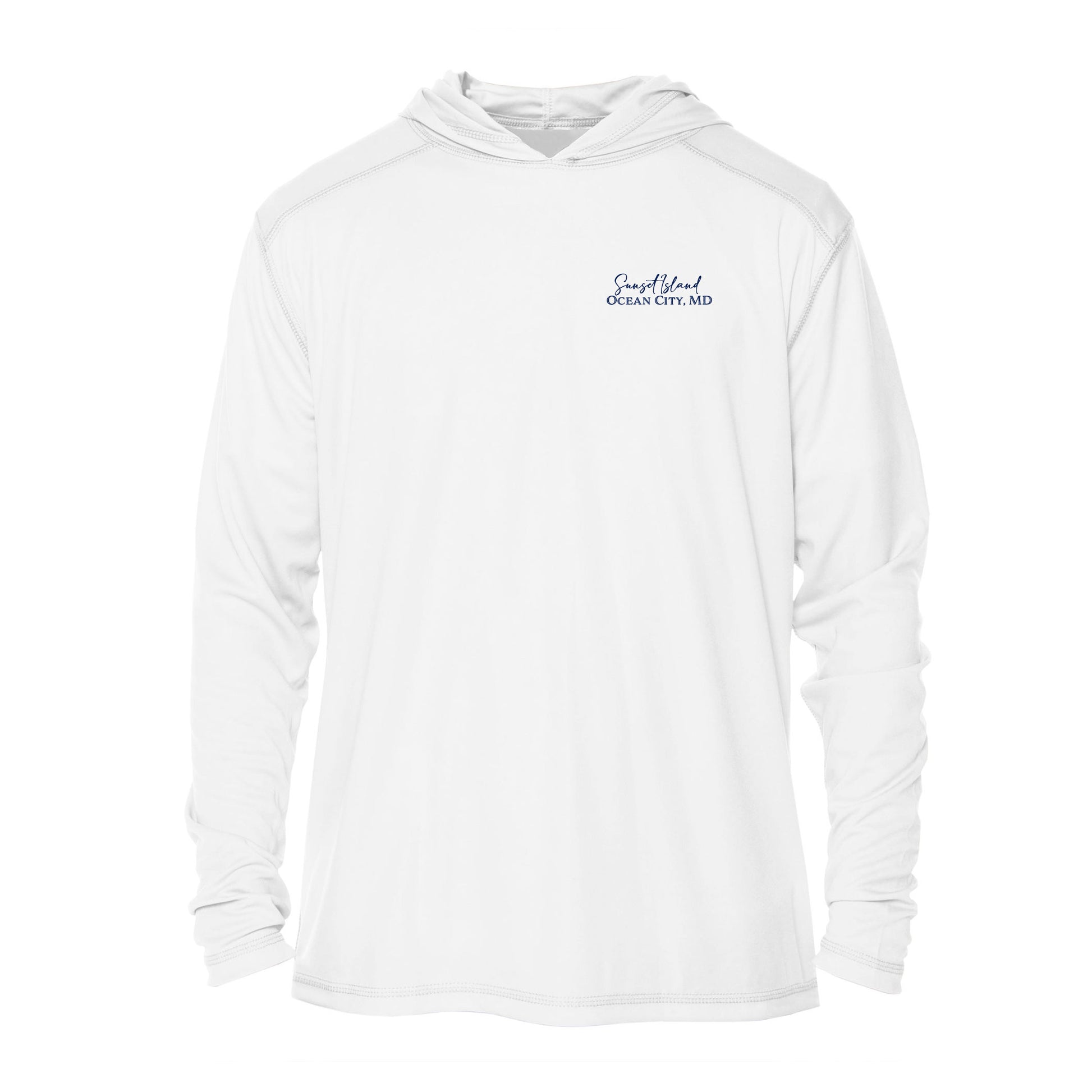 Custom long sleeve UPF50+ sun protection shirt made from recycled polyester featuring a flounder design titled "The Flounder of Sunset Island – Ocean City, MD." All text is customizable to include your family name, location, or favorite destination. Available in adult, youth, and toddler sizes in crewneck or hooded styles and multiple colors.