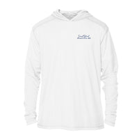 Custom long sleeve UPF50+ sun protection shirt made from recycled polyester featuring a flounder design titled "The Flounder of Sunset Island – Ocean City, MD." All text is customizable to include your family name, location, or favorite destination. Available in adult, youth, and toddler sizes in crewneck or hooded styles and multiple colors.