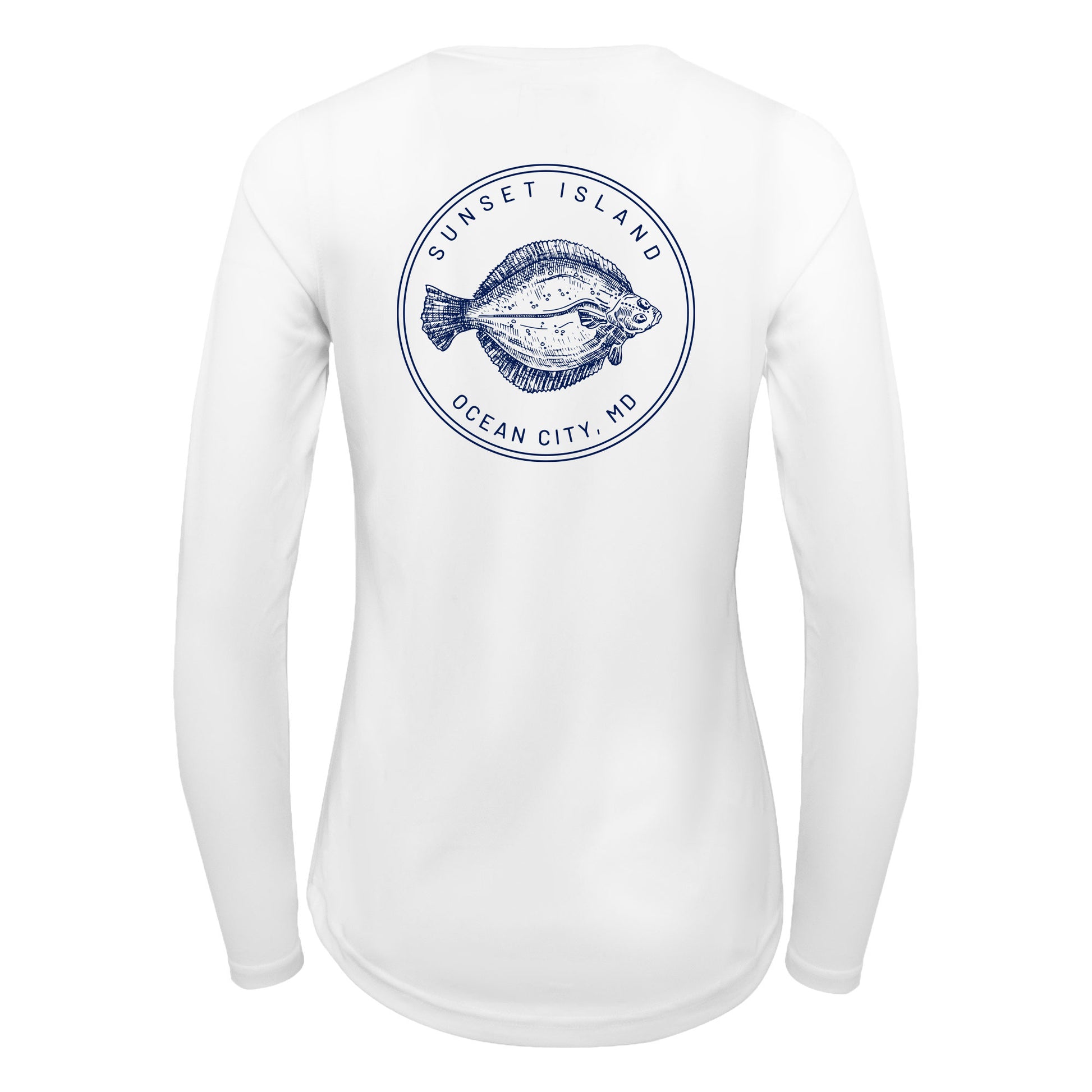Custom long sleeve UPF50+ sun protection shirt made from recycled polyester featuring a flounder design titled "The Flounder of Sunset Island – Ocean City, MD." All text is customizable to include your family name, location, or favorite destination. Available in adult, youth, and toddler sizes in crewneck or hooded styles and multiple colors.