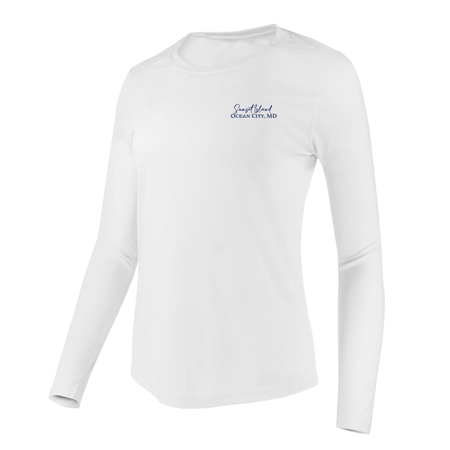 Custom long sleeve UPF50+ sun protection shirt made from recycled polyester featuring a flounder design titled "The Flounder of Sunset Island – Ocean City, MD." All text is customizable to include your family name, location, or favorite destination. Available in adult, youth, and toddler sizes in crewneck or hooded styles and multiple colors.