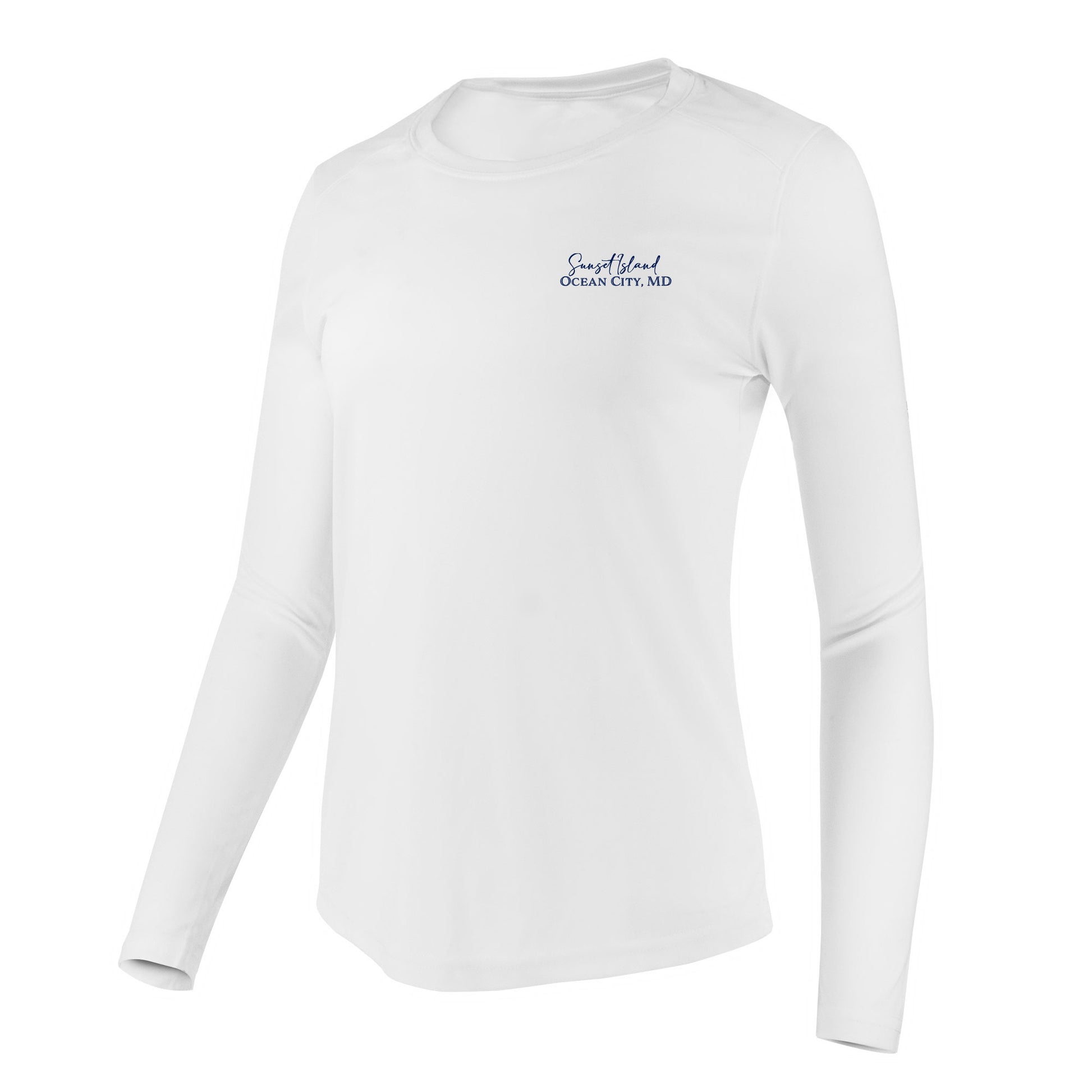 Custom long sleeve UPF50+ sun protection shirt made from recycled polyester featuring a flounder design titled "The Flounder of Sunset Island – Ocean City, MD." All text is customizable to include your family name, location, or favorite destination. Available in adult, youth, and toddler sizes in crewneck or hooded styles and multiple colors.