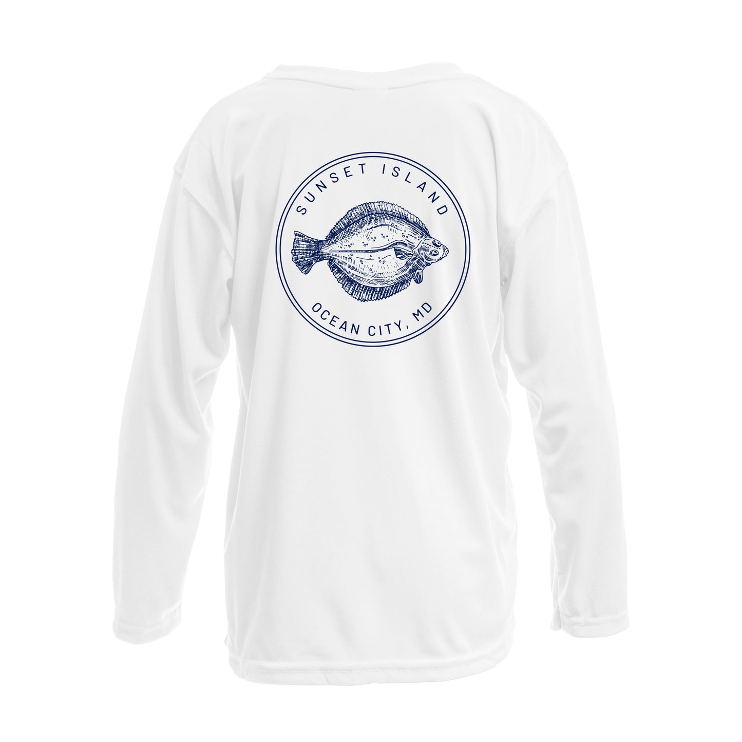Custom long sleeve UPF50+ sun protection shirt made from recycled polyester featuring a flounder design titled "The Flounder of Sunset Island – Ocean City, MD." All text is customizable to include your family name, location, or favorite destination. Available in adult, youth, and toddler sizes in crewneck or hooded styles and multiple colors.