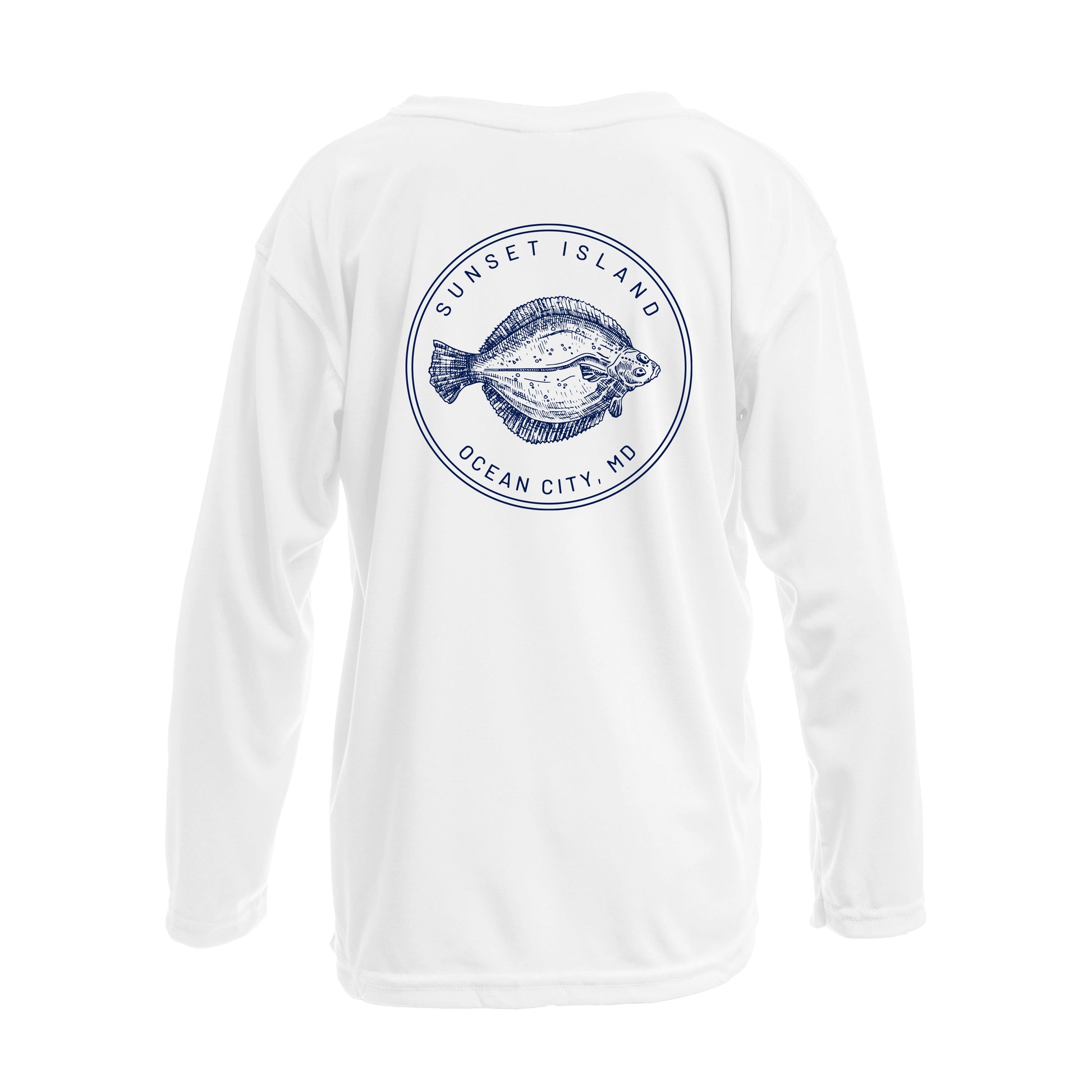 Custom long sleeve UPF50+ sun protection shirt made from recycled polyester featuring a flounder design titled "The Flounder of Sunset Island – Ocean City, MD." All text is customizable to include your family name, location, or favorite destination. Available in adult, youth, and toddler sizes in crewneck or hooded styles and multiple colors.