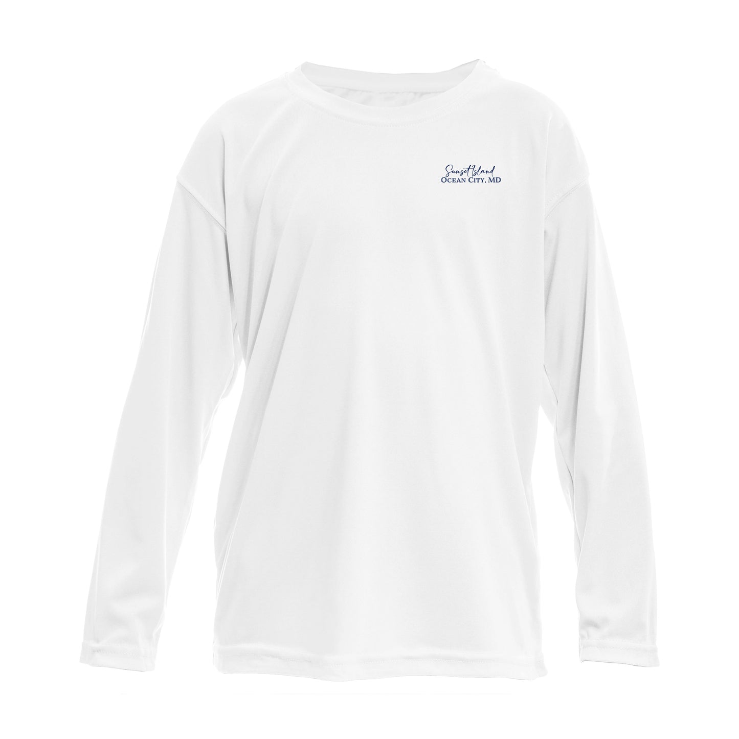 Custom long sleeve UPF50+ sun protection shirt made from recycled polyester featuring a flounder design titled "The Flounder of Sunset Island – Ocean City, MD." All text is customizable to include your family name, location, or favorite destination. Available in adult, youth, and toddler sizes in crewneck or hooded styles and multiple colors.