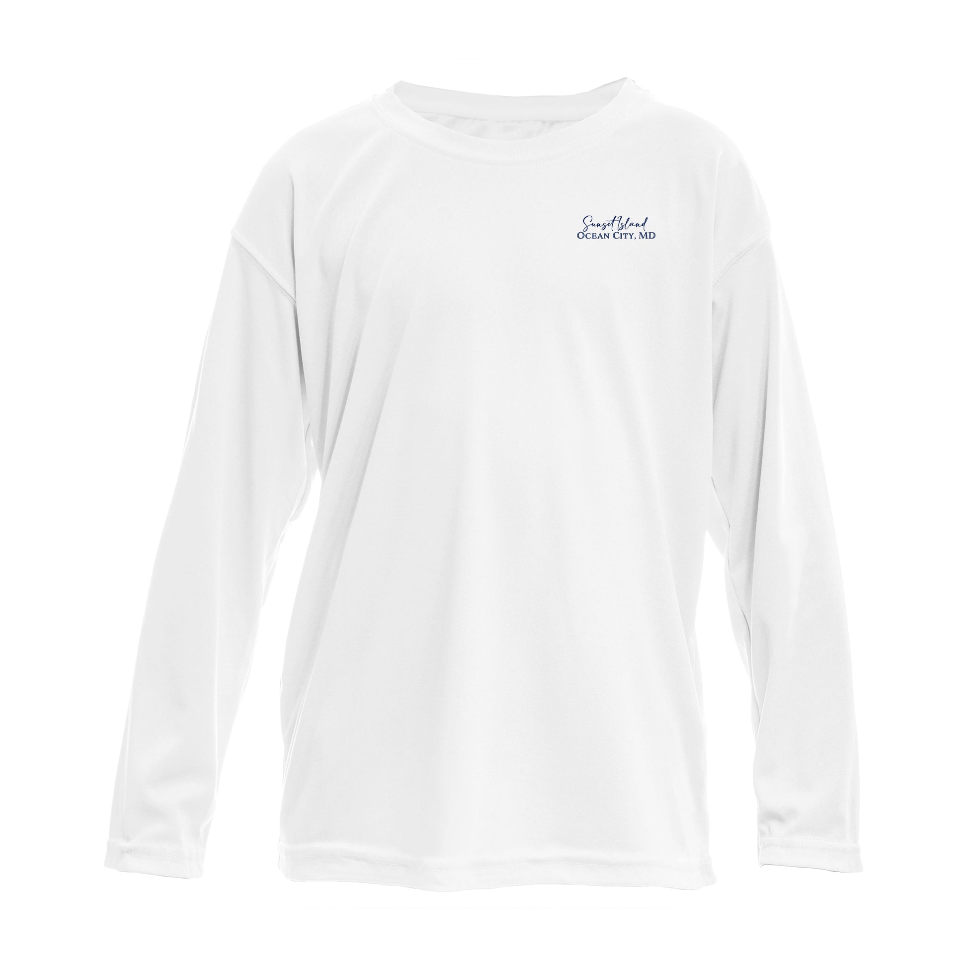 Custom long sleeve UPF50+ sun protection shirt made from recycled polyester featuring a flounder design titled "The Flounder of Sunset Island – Ocean City, MD." All text is customizable to include your family name, location, or favorite destination. Available in adult, youth, and toddler sizes in crewneck or hooded styles and multiple colors.