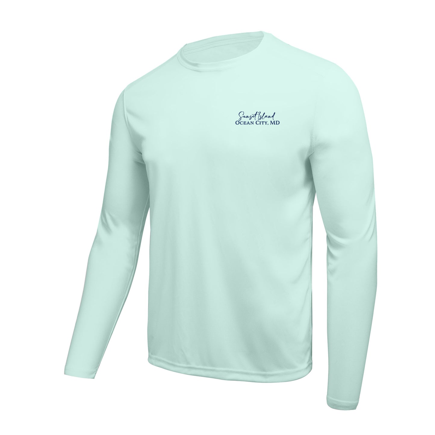 Custom long sleeve UPF50+ sun protection shirt made from recycled polyester featuring a flounder design titled "The Flounder of Sunset Island – Ocean City, MD." All text is customizable to include your family name, location, or favorite destination. Available in adult, youth, and toddler sizes in crewneck or hooded styles and multiple colors.