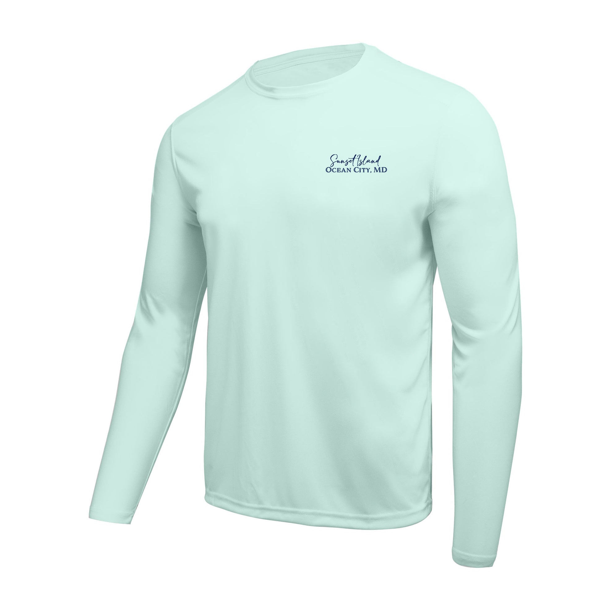 Custom long sleeve UPF50+ sun protection shirt made from recycled polyester featuring a flounder design titled "The Flounder of Sunset Island – Ocean City, MD." All text is customizable to include your family name, location, or favorite destination. Available in adult, youth, and toddler sizes in crewneck or hooded styles and multiple colors.