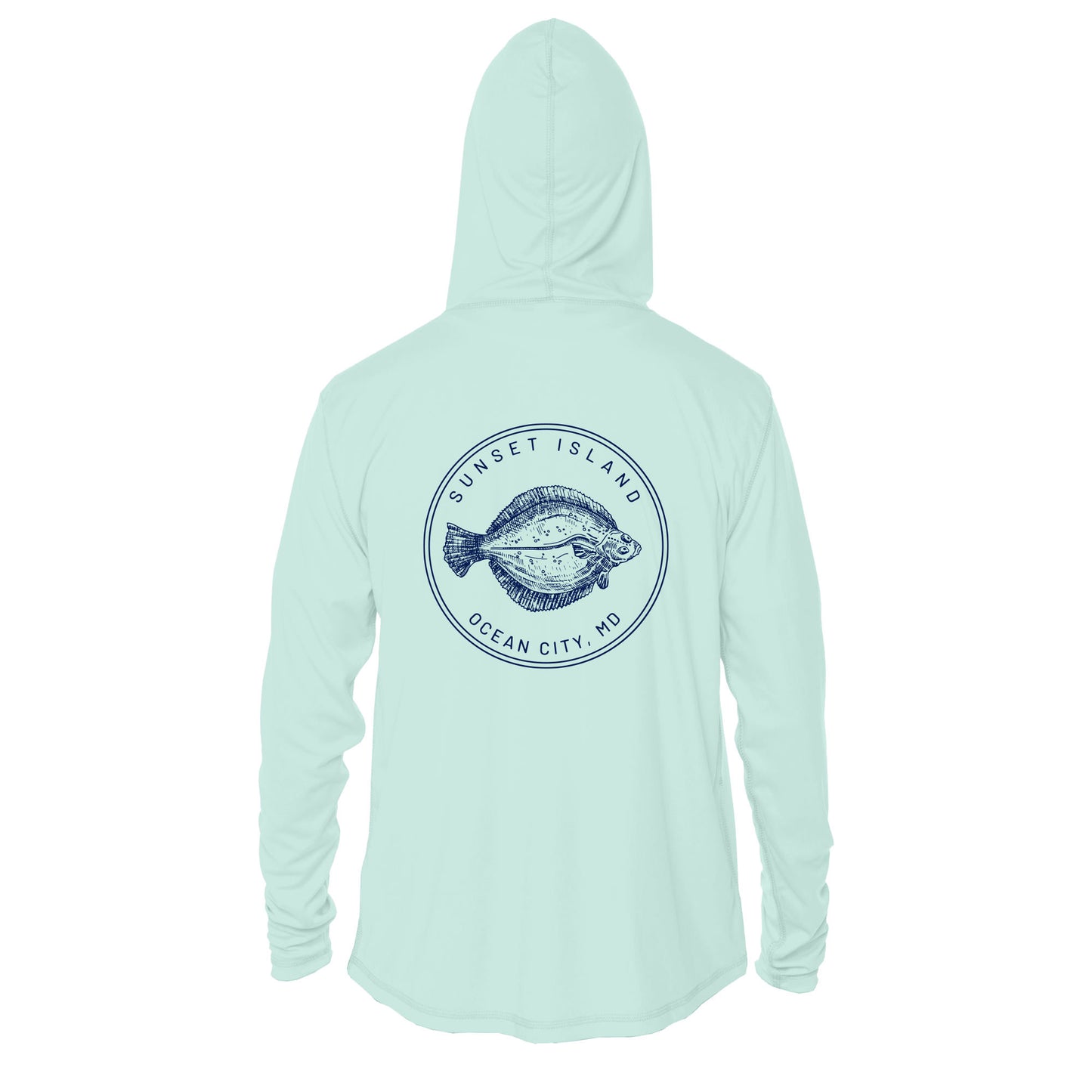Custom long sleeve UPF50+ sun protection shirt made from recycled polyester featuring a flounder design titled "The Flounder of Sunset Island – Ocean City, MD." All text is customizable to include your family name, location, or favorite destination. Available in adult, youth, and toddler sizes in crewneck or hooded styles and multiple colors.