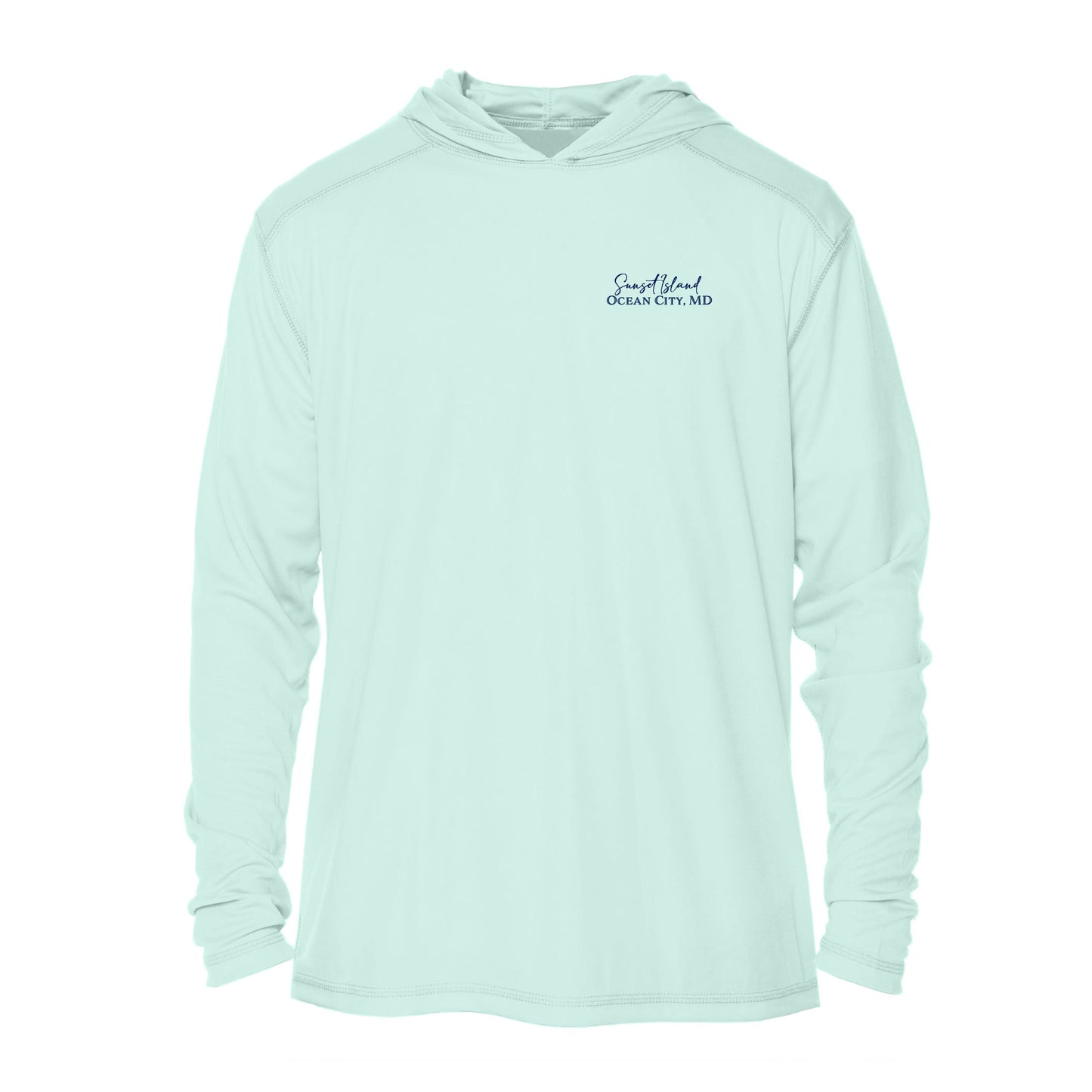 Custom long sleeve UPF50+ sun protection shirt made from recycled polyester featuring a flounder design titled "The Flounder of Sunset Island – Ocean City, MD." All text is customizable to include your family name, location, or favorite destination. Available in adult, youth, and toddler sizes in crewneck or hooded styles and multiple colors.