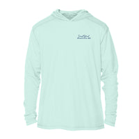 Custom long sleeve UPF50+ sun protection shirt made from recycled polyester featuring a flounder design titled "The Flounder of Sunset Island – Ocean City, MD." All text is customizable to include your family name, location, or favorite destination. Available in adult, youth, and toddler sizes in crewneck or hooded styles and multiple colors.