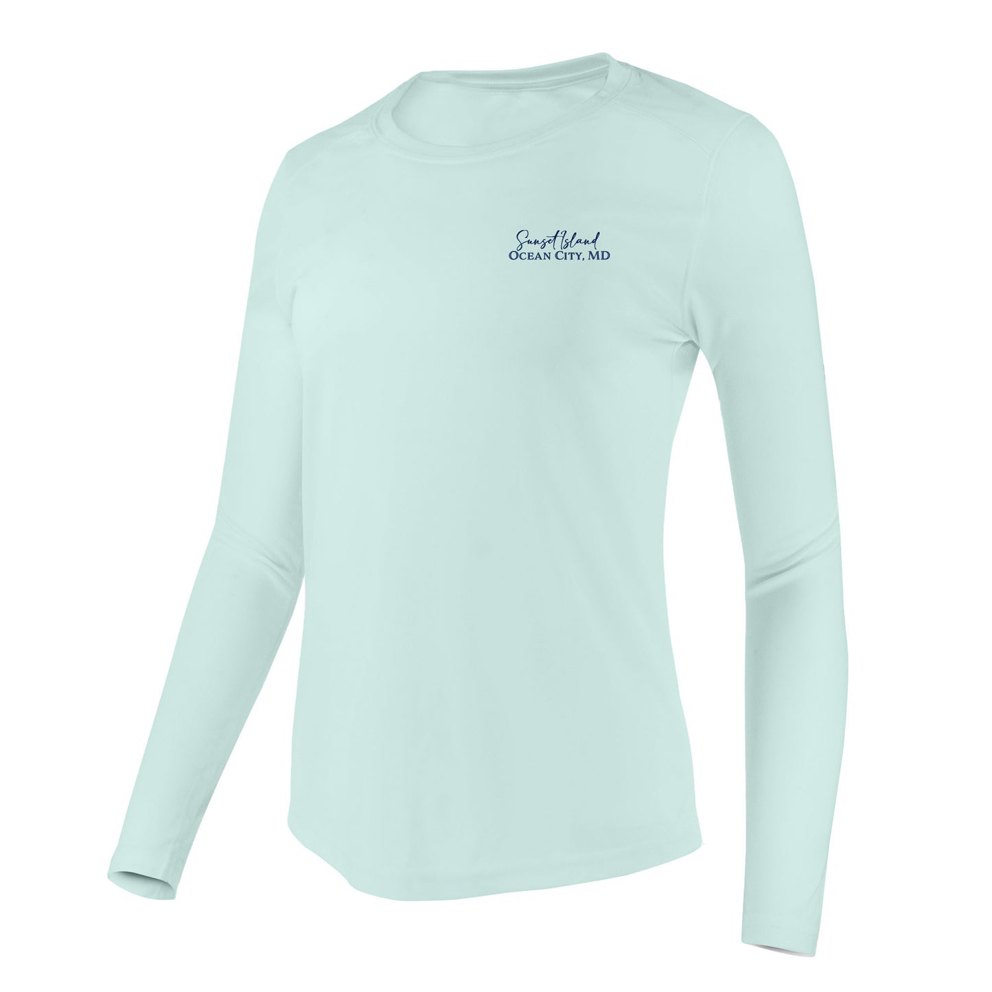 Custom long sleeve UPF50+ sun protection shirt made from recycled polyester featuring a flounder design titled "The Flounder of Sunset Island – Ocean City, MD." All text is customizable to include your family name, location, or favorite destination. Available in adult, youth, and toddler sizes in crewneck or hooded styles and multiple colors.