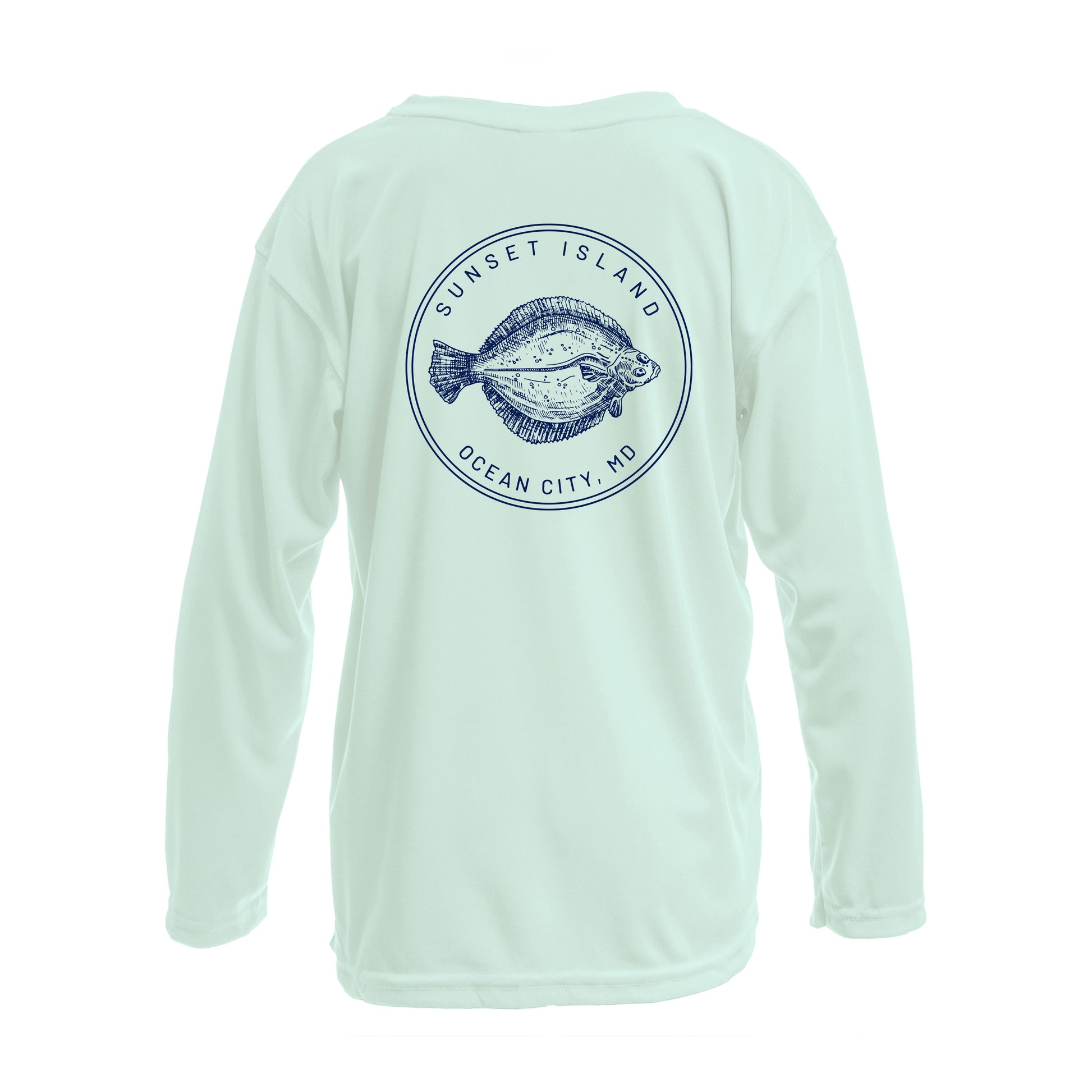 Custom long sleeve UPF50+ sun protection shirt made from recycled polyester featuring a flounder design titled "The Flounder of Sunset Island – Ocean City, MD." All text is customizable to include your family name, location, or favorite destination. Available in adult, youth, and toddler sizes in crewneck or hooded styles and multiple colors.