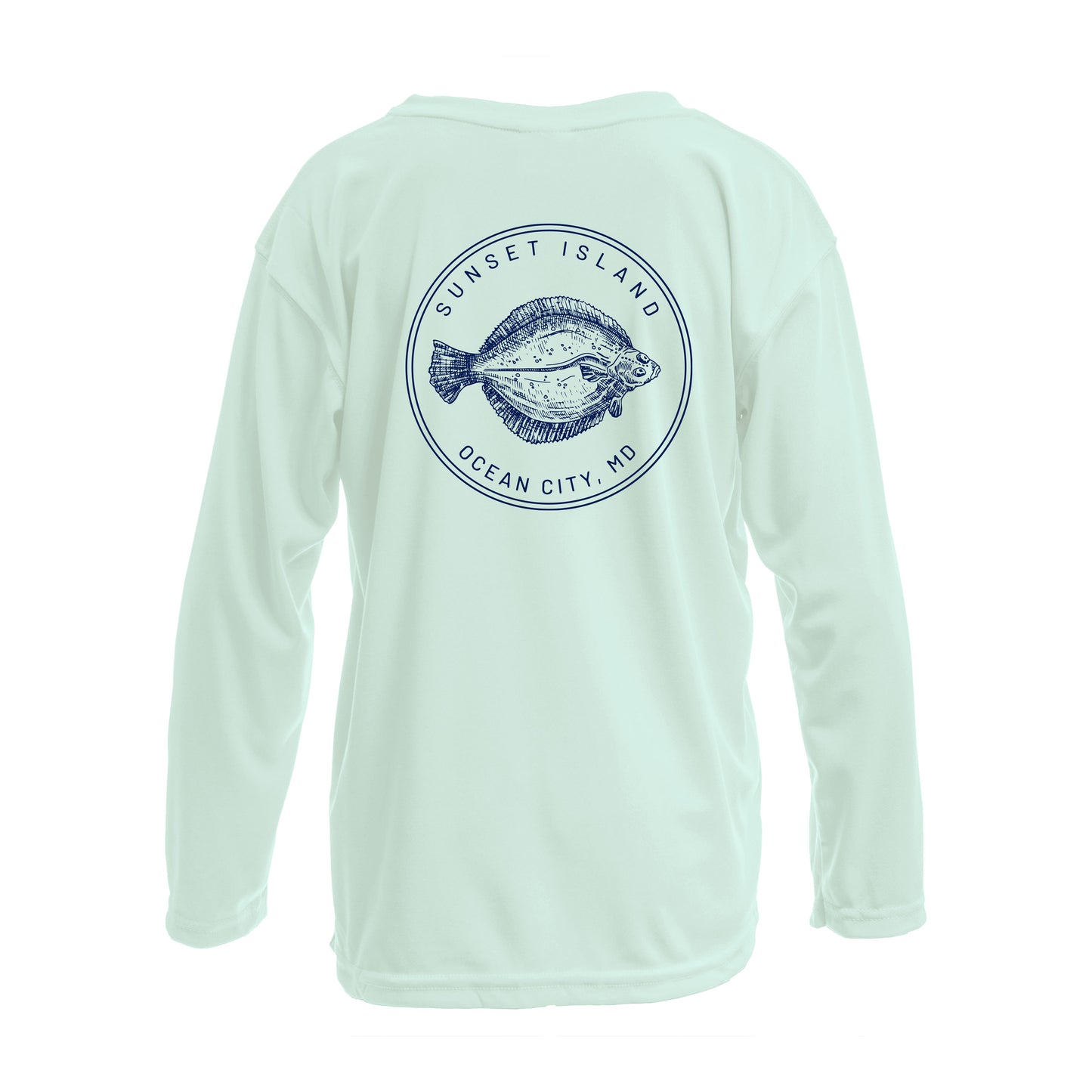 Custom long sleeve UPF50+ sun protection shirt made from recycled polyester featuring a flounder design titled "The Flounder of Sunset Island – Ocean City, MD." All text is customizable to include your family name, location, or favorite destination. Available in adult, youth, and toddler sizes in crewneck or hooded styles and multiple colors.