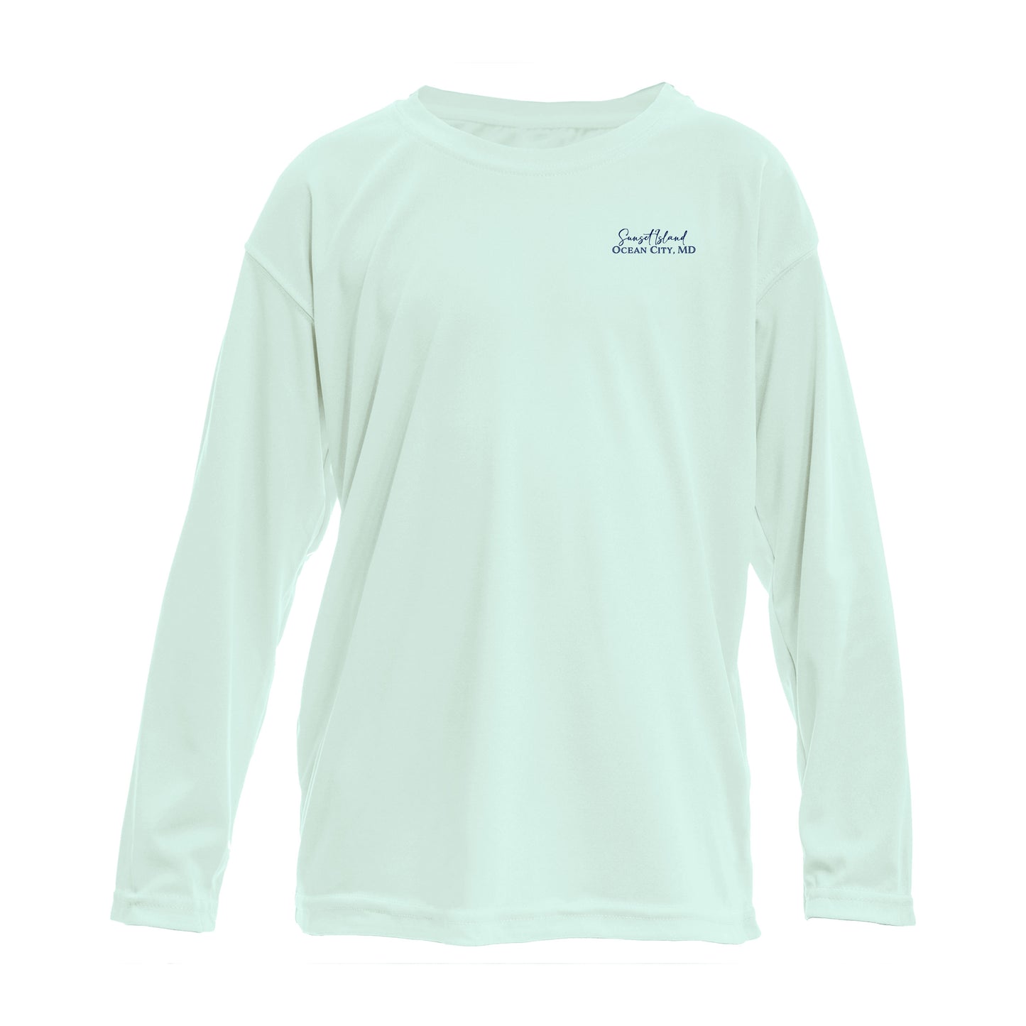 Custom long sleeve UPF50+ sun protection shirt made from recycled polyester featuring a flounder design titled "The Flounder of Sunset Island – Ocean City, MD." All text is customizable to include your family name, location, or favorite destination. Available in adult, youth, and toddler sizes in crewneck or hooded styles and multiple colors.