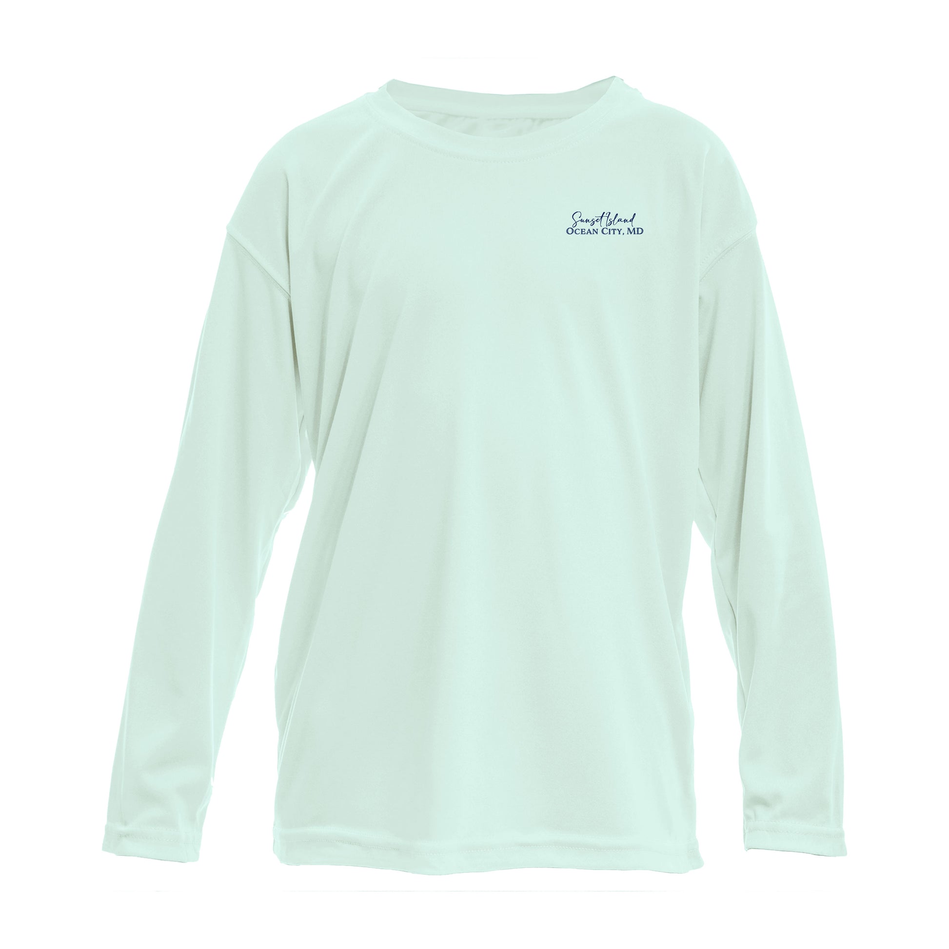 Custom long sleeve UPF50+ sun protection shirt made from recycled polyester featuring a flounder design titled "The Flounder of Sunset Island – Ocean City, MD." All text is customizable to include your family name, location, or favorite destination. Available in adult, youth, and toddler sizes in crewneck or hooded styles and multiple colors.