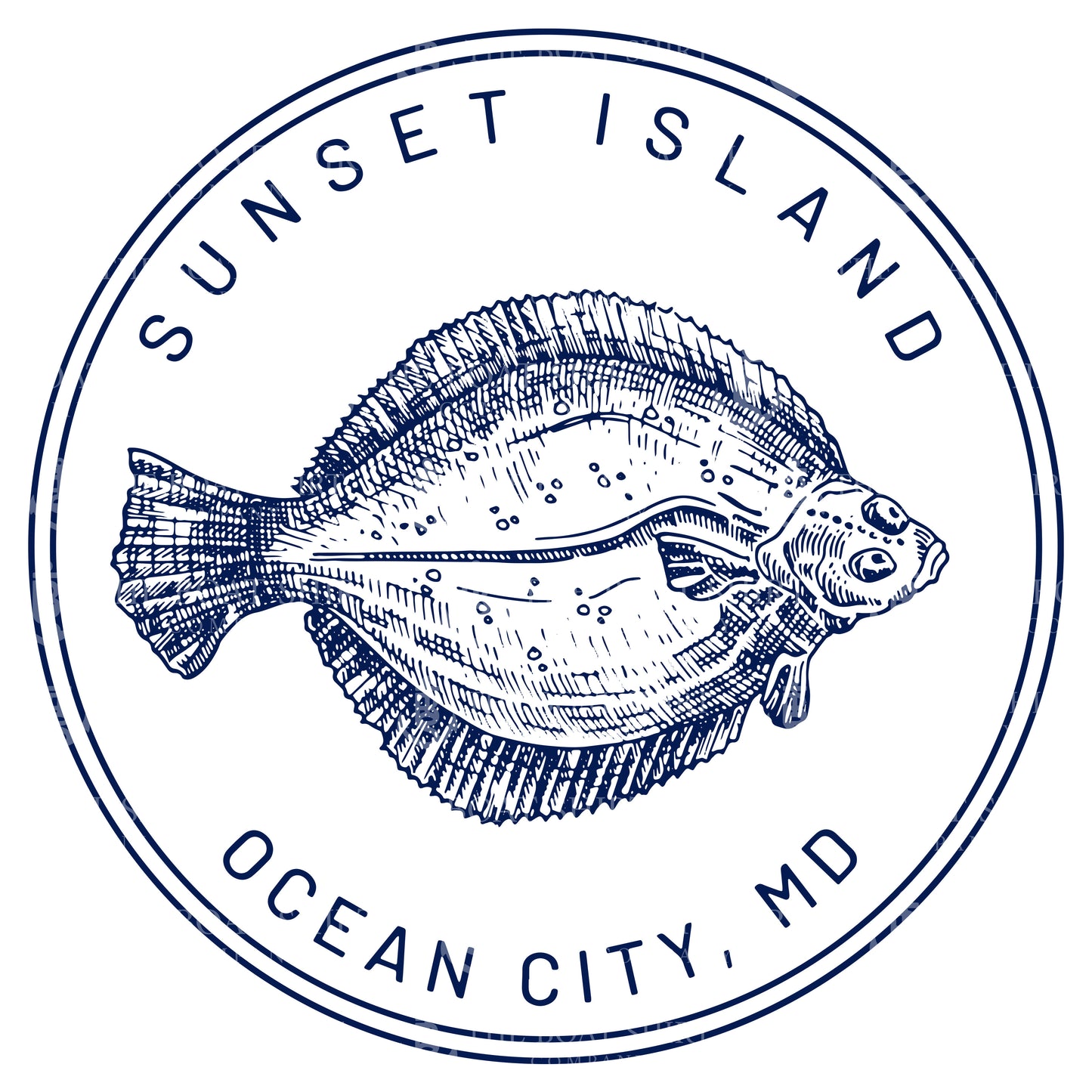 Custom long sleeve UPF50+ sun protection shirt made from recycled polyester featuring a flounder design titled "The Flounder of Sunset Island – Ocean City, MD." All text is customizable to include your family name, location, or favorite destination. Available in adult, youth, and toddler sizes in crewneck or hooded styles and multiple colors.