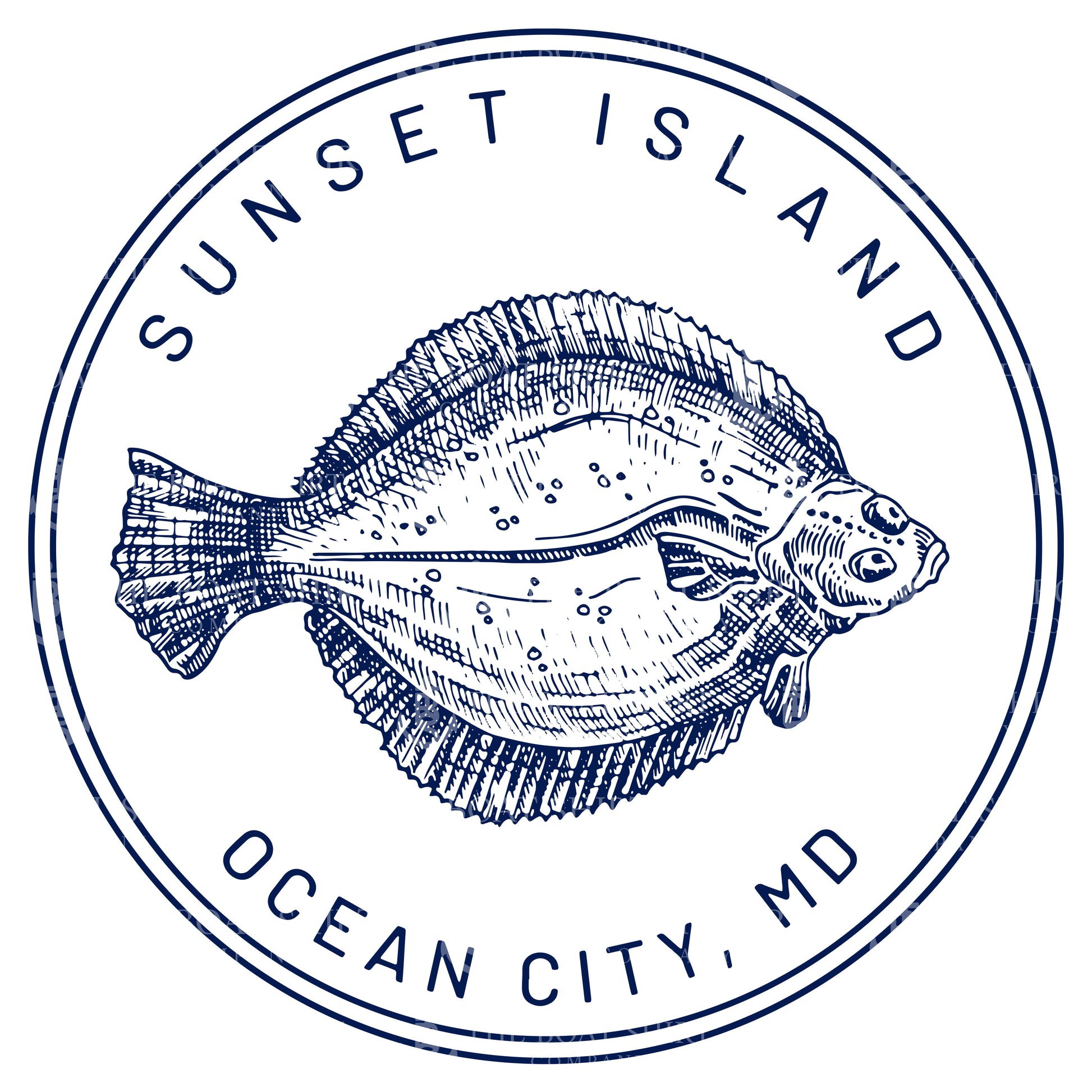 Custom long sleeve UPF50+ sun protection shirt made from recycled polyester featuring a flounder design titled "The Flounder of Sunset Island – Ocean City, MD." All text is customizable to include your family name, location, or favorite destination. Available in adult, youth, and toddler sizes in crewneck or hooded styles and multiple colors.