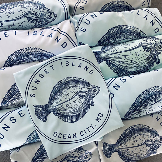 Custom long sleeve UPF50+ sun protection shirt made from recycled polyester featuring a flounder design titled 