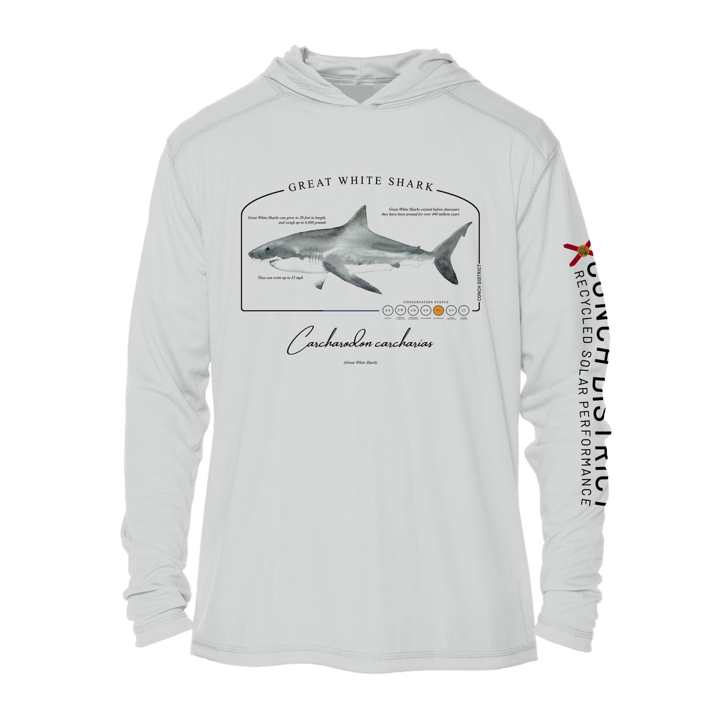 Great White Shark Conservation Status Hoodie | Mens Recycled Solar Performance