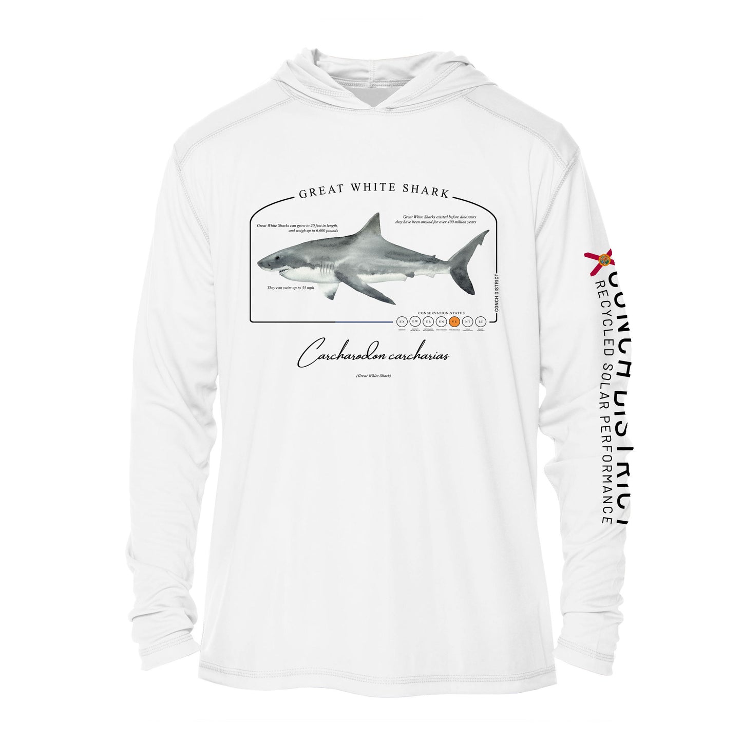 Great White Shark Conservation Status Hoodie | Mens Recycled Solar Performance