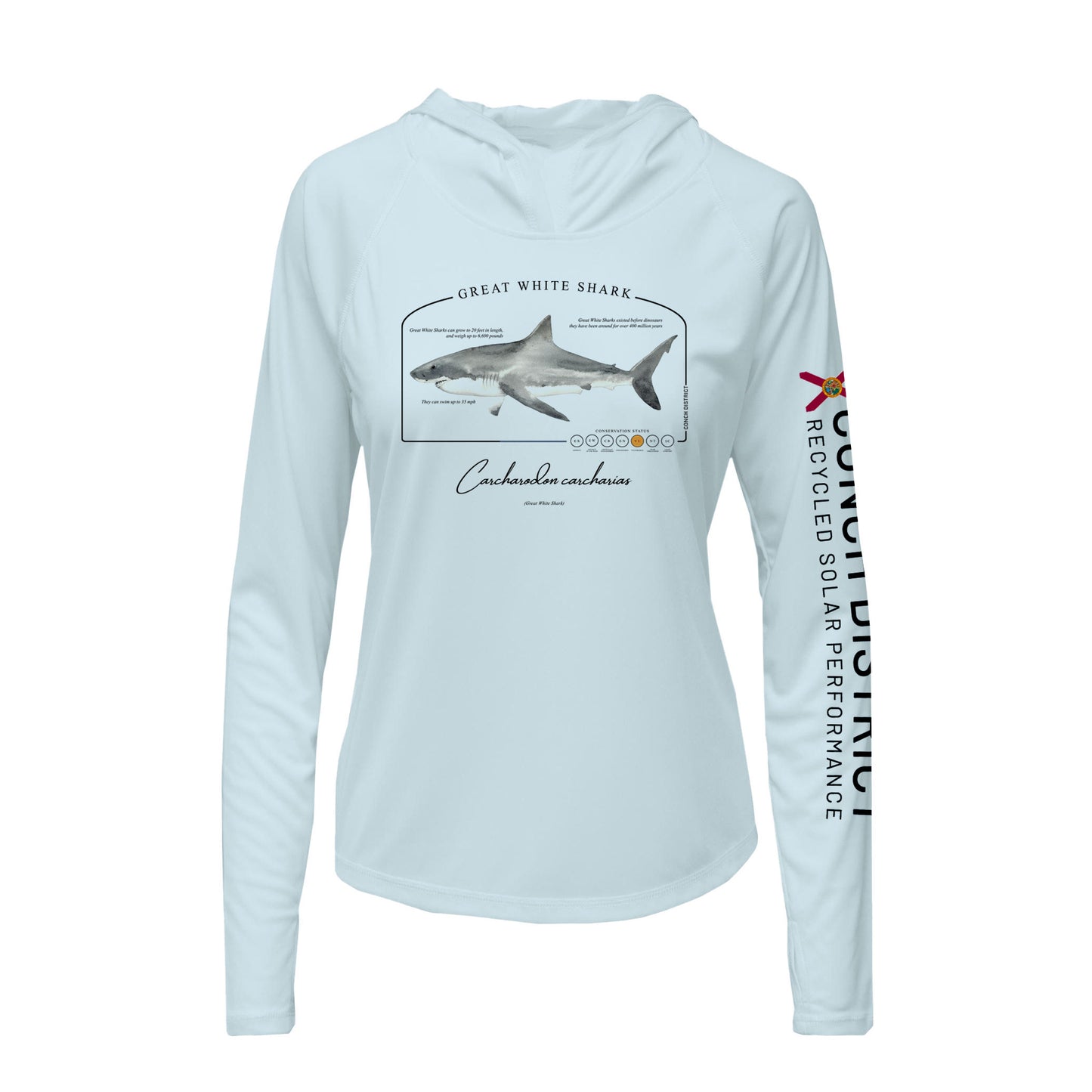 Great White Shark Conservation Status Hoodie | Womens Recycled Solar Performance